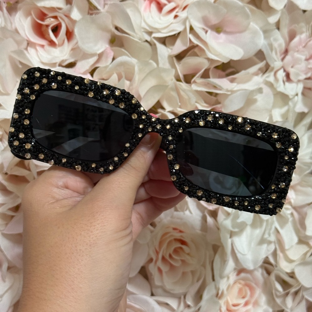 Black & Gold Rhinestone Embellished Rectangle Sunglasses - HANDMADE